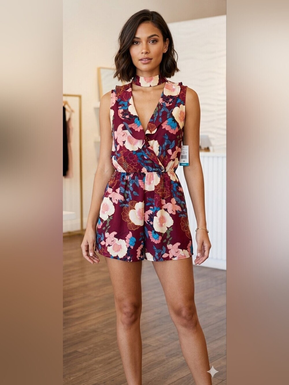 Monteau NWT Floral V-Neck Sleeveless Romper in Burgundy